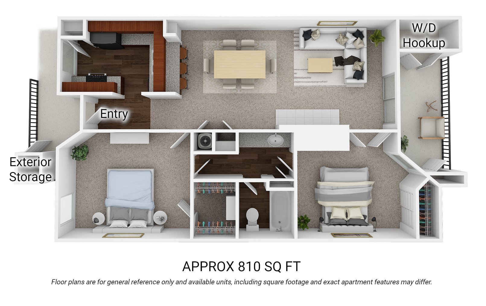 Floor plan for 2 beds, 1 bath, 810 sqft